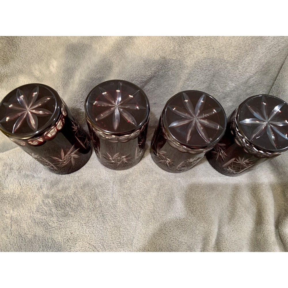 SET OF 4 RUBY RED BOHEMIAN CRYSTAL CUT TO CLEAR WHISKEY TUMBLER BAR GLASSES - Picture 5 of 14